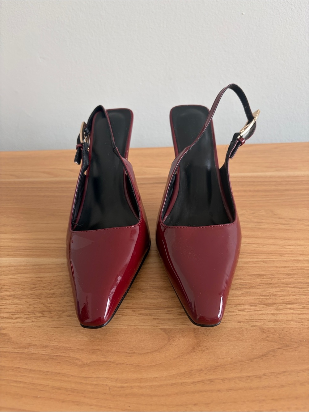 Patent Burgundy Slingback Mules with Pointed Toe